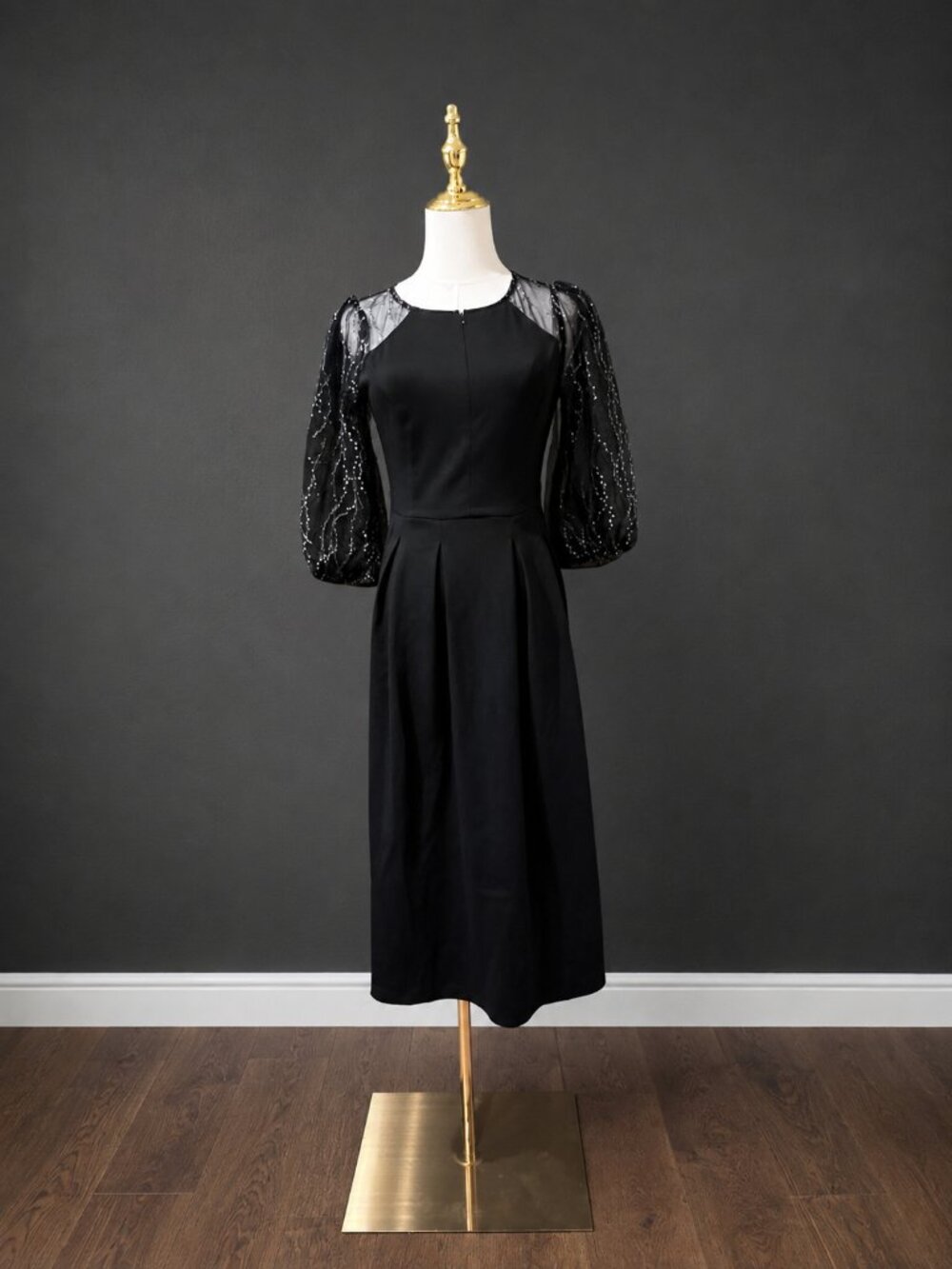 NWT VFSHOW Black Midi Cocktail Dress XS Sheer Sparkle Bishop Sleeves
